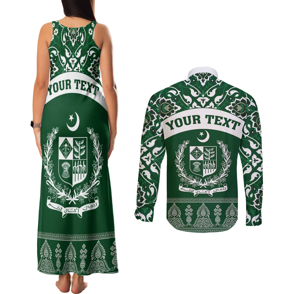 Pakistan Day Couples Matching Tank Maxi Dress and Long Sleeve Button Shirt Coat Of Arms Mix Islamic Pattern - Wonder Print Shop