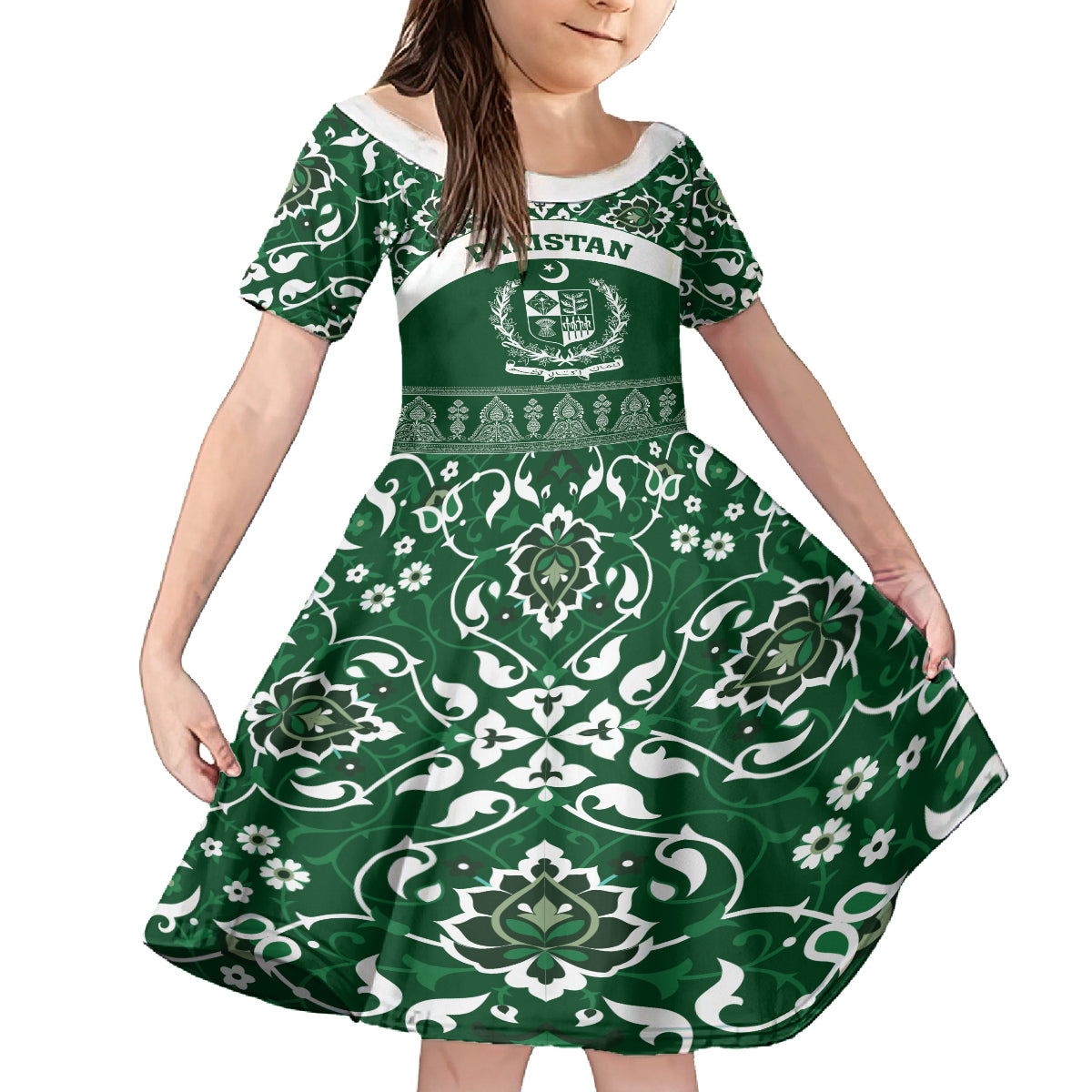 Pakistan Day Family Matching Long Sleeve Bodycon Dress and Hawaiian Shirt Coat Of Arms Mix Islamic Pattern - Wonder Print Shop