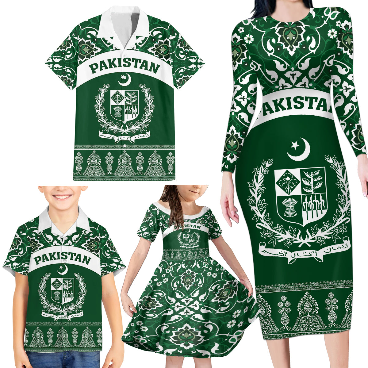Pakistan Day Family Matching Long Sleeve Bodycon Dress and Hawaiian Shirt Coat Of Arms Mix Islamic Pattern - Wonder Print Shop
