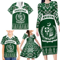 Pakistan Day Family Matching Long Sleeve Bodycon Dress and Hawaiian Shirt Coat Of Arms Mix Islamic Pattern - Wonder Print Shop