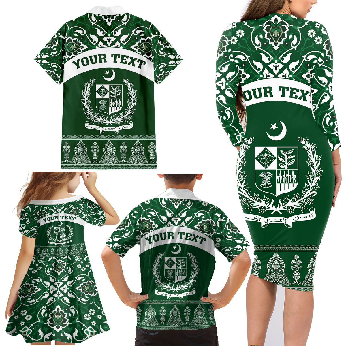 Pakistan Day Family Matching Long Sleeve Bodycon Dress and Hawaiian Shirt Coat Of Arms Mix Islamic Pattern - Wonder Print Shop