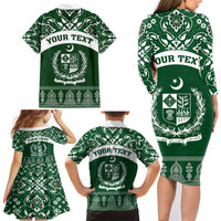 Pakistan Day Family Matching Long Sleeve Bodycon Dress and Hawaiian Shirt Coat Of Arms Mix Islamic Pattern - Wonder Print Shop