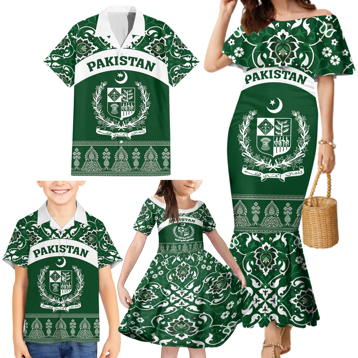 Pakistan Day Family Matching Mermaid Dress and Hawaiian Shirt Coat Of Arms Mix Islamic Pattern - Wonder Print Shop