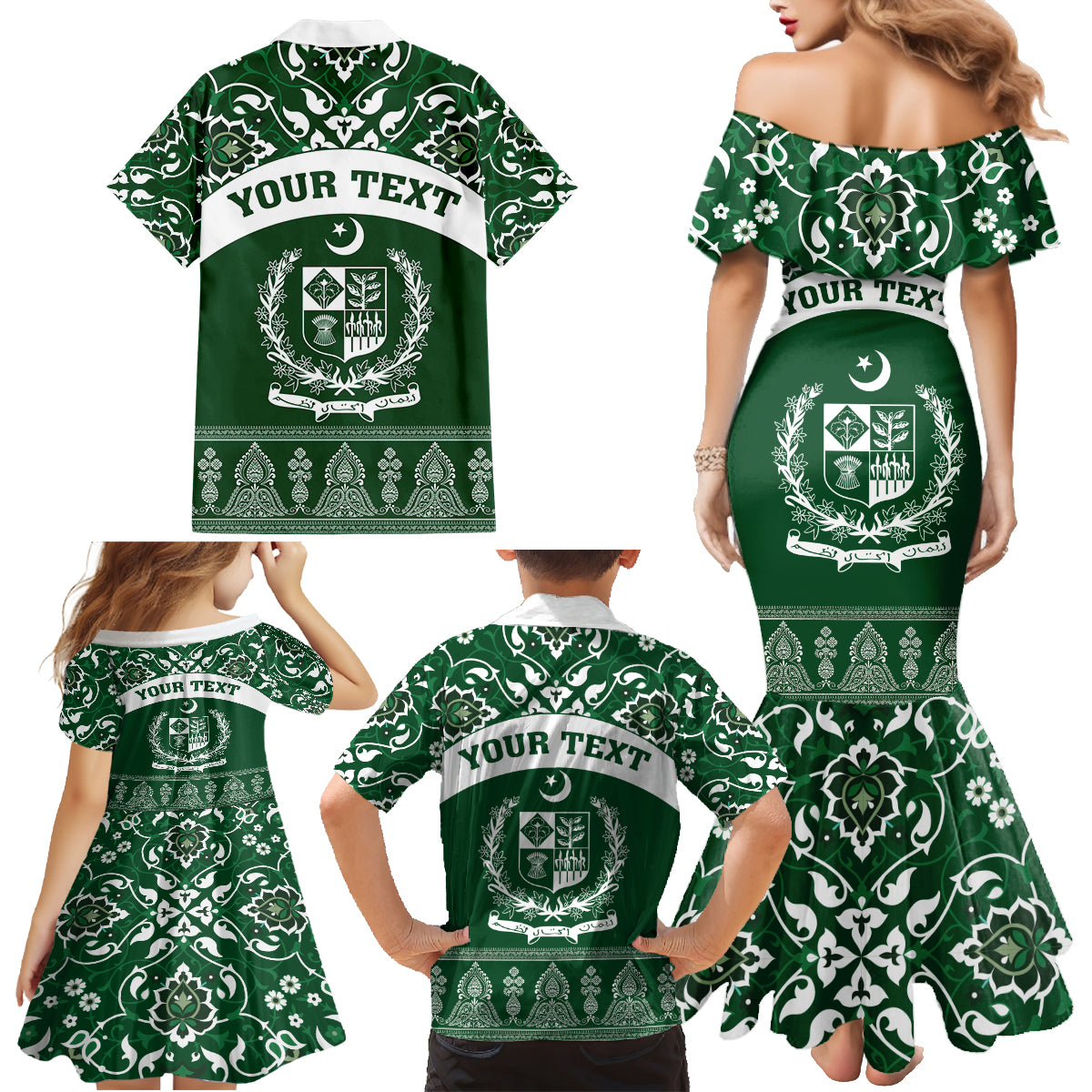 Pakistan Day Family Matching Mermaid Dress and Hawaiian Shirt Coat Of Arms Mix Islamic Pattern - Wonder Print Shop