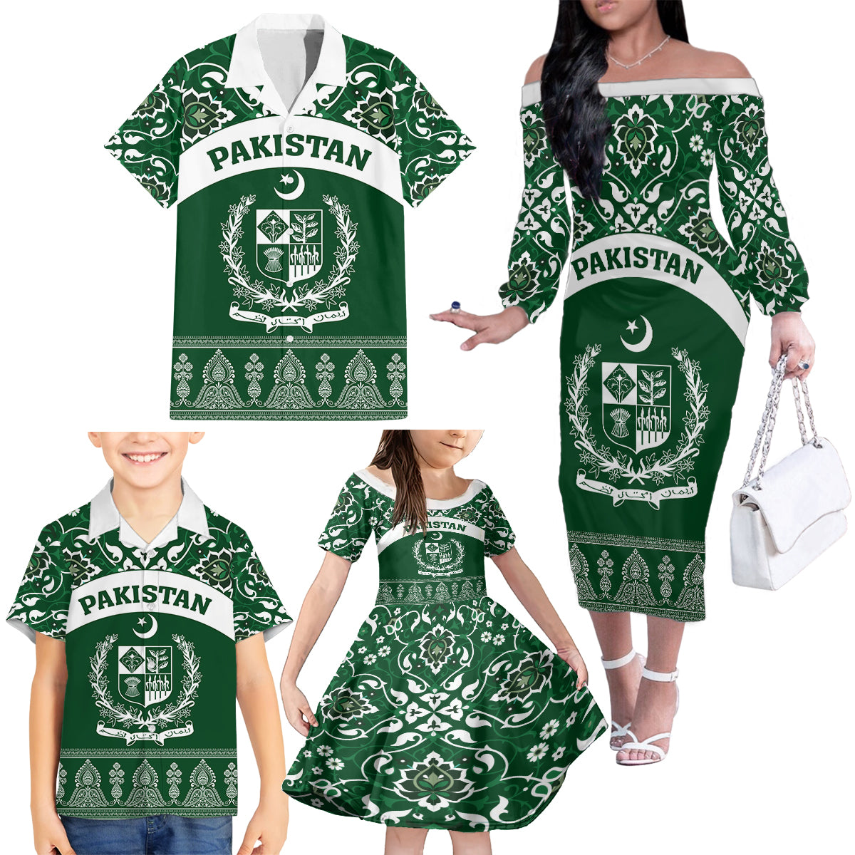 Pakistan Day Family Matching Off Shoulder Long Sleeve Dress and Hawaiian Shirt Coat Of Arms Mix Islamic Pattern - Wonder Print Shop
