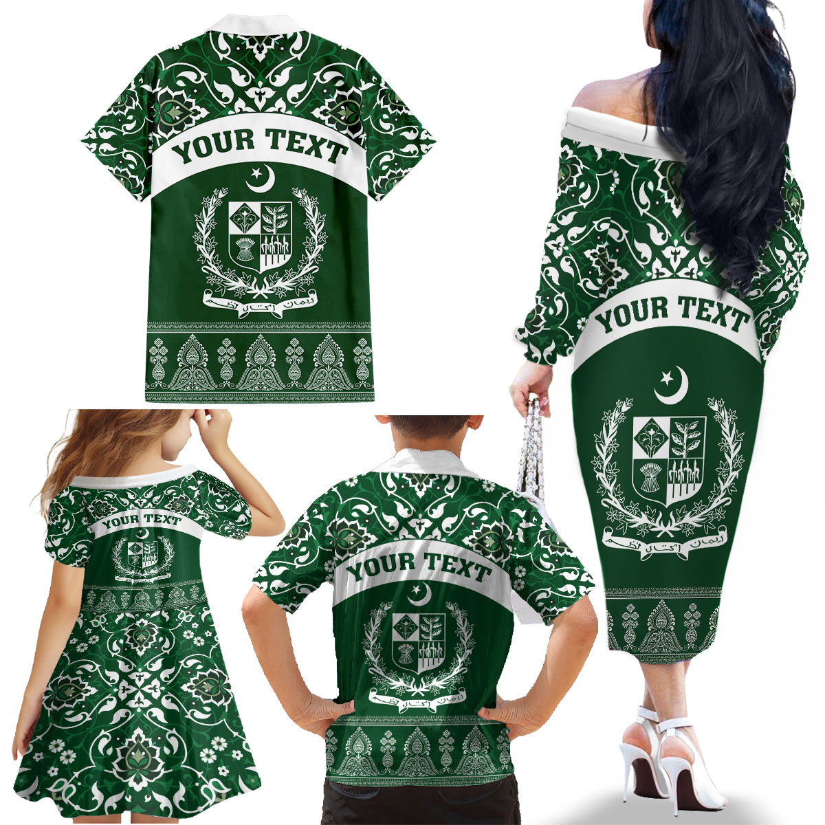 Pakistan Day Family Matching Off Shoulder Long Sleeve Dress and Hawaiian Shirt Coat Of Arms Mix Islamic Pattern - Wonder Print Shop