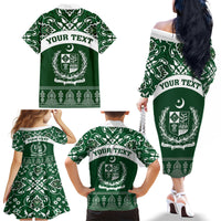 Pakistan Day Family Matching Off Shoulder Long Sleeve Dress and Hawaiian Shirt Coat Of Arms Mix Islamic Pattern - Wonder Print Shop