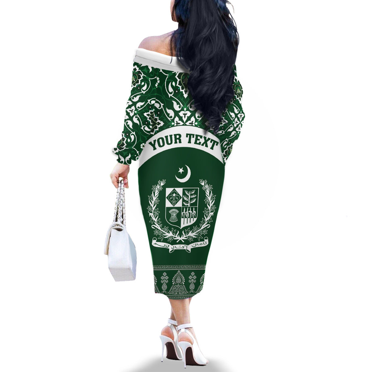 Pakistan Day Family Matching Off Shoulder Long Sleeve Dress and Hawaiian Shirt Coat Of Arms Mix Islamic Pattern - Wonder Print Shop