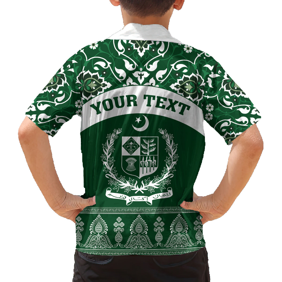 Pakistan Day Family Matching Off Shoulder Maxi Dress and Hawaiian Shirt Coat Of Arms Mix Islamic Pattern - Wonder Print Shop