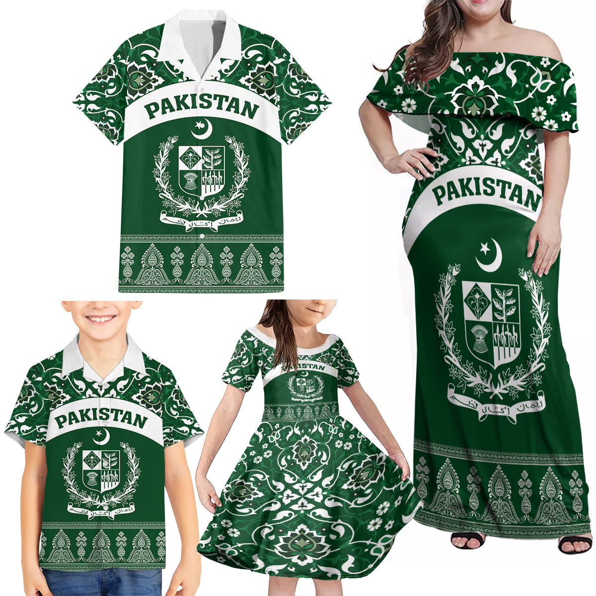 Pakistan Day Family Matching Off Shoulder Maxi Dress and Hawaiian Shirt Coat Of Arms Mix Islamic Pattern - Wonder Print Shop