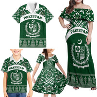 Pakistan Day Family Matching Off Shoulder Maxi Dress and Hawaiian Shirt Coat Of Arms Mix Islamic Pattern - Wonder Print Shop