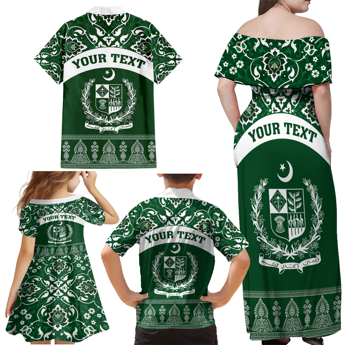 Pakistan Day Family Matching Off Shoulder Maxi Dress and Hawaiian Shirt Coat Of Arms Mix Islamic Pattern - Wonder Print Shop