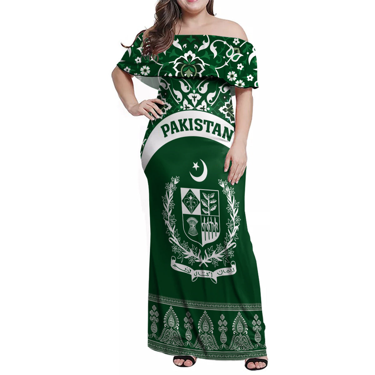 Pakistan Day Family Matching Off Shoulder Maxi Dress and Hawaiian Shirt Coat Of Arms Mix Islamic Pattern - Wonder Print Shop