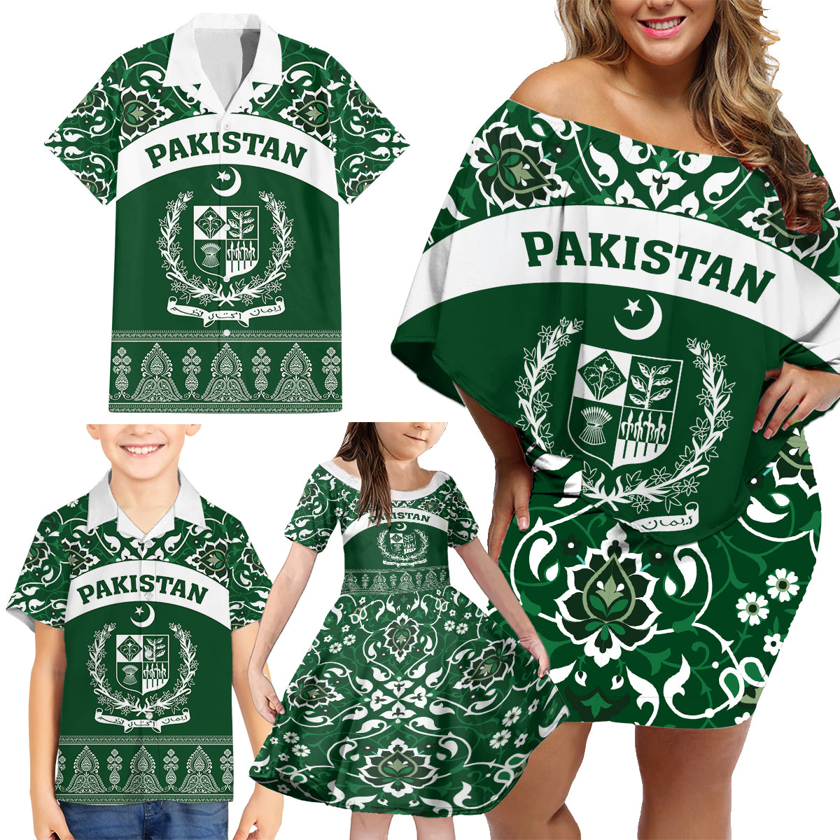 Pakistan Day Family Matching Off Shoulder Short Dress and Hawaiian Shirt Coat Of Arms Mix Islamic Pattern - Wonder Print Shop