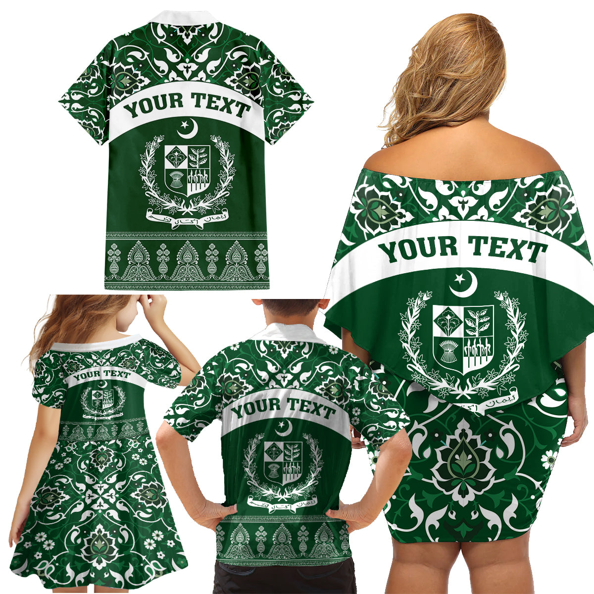 Pakistan Day Family Matching Off Shoulder Short Dress and Hawaiian Shirt Coat Of Arms Mix Islamic Pattern - Wonder Print Shop