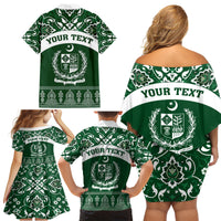 Pakistan Day Family Matching Off Shoulder Short Dress and Hawaiian Shirt Coat Of Arms Mix Islamic Pattern - Wonder Print Shop