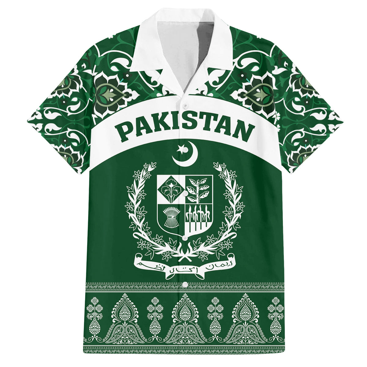 Pakistan Day Family Matching Off Shoulder Short Dress and Hawaiian Shirt Coat Of Arms Mix Islamic Pattern - Wonder Print Shop