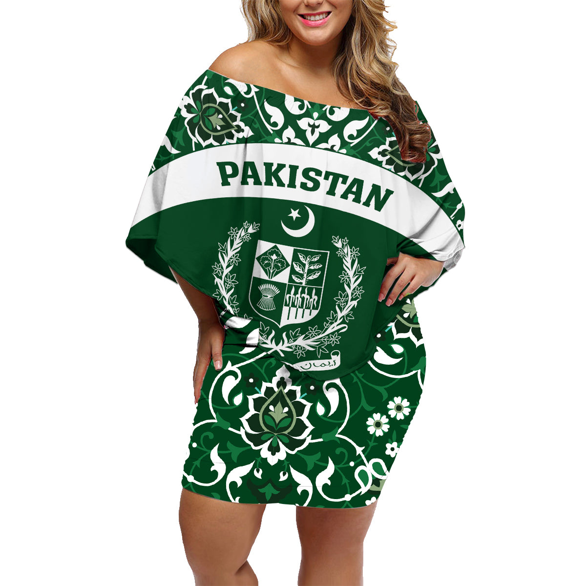 Pakistan Day Family Matching Off Shoulder Short Dress and Hawaiian Shirt Coat Of Arms Mix Islamic Pattern - Wonder Print Shop