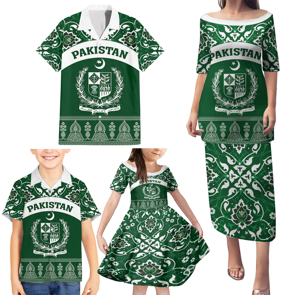 Pakistan Day Family Matching Puletasi and Hawaiian Shirt Coat Of Arms Mix Islamic Pattern - Wonder Print Shop