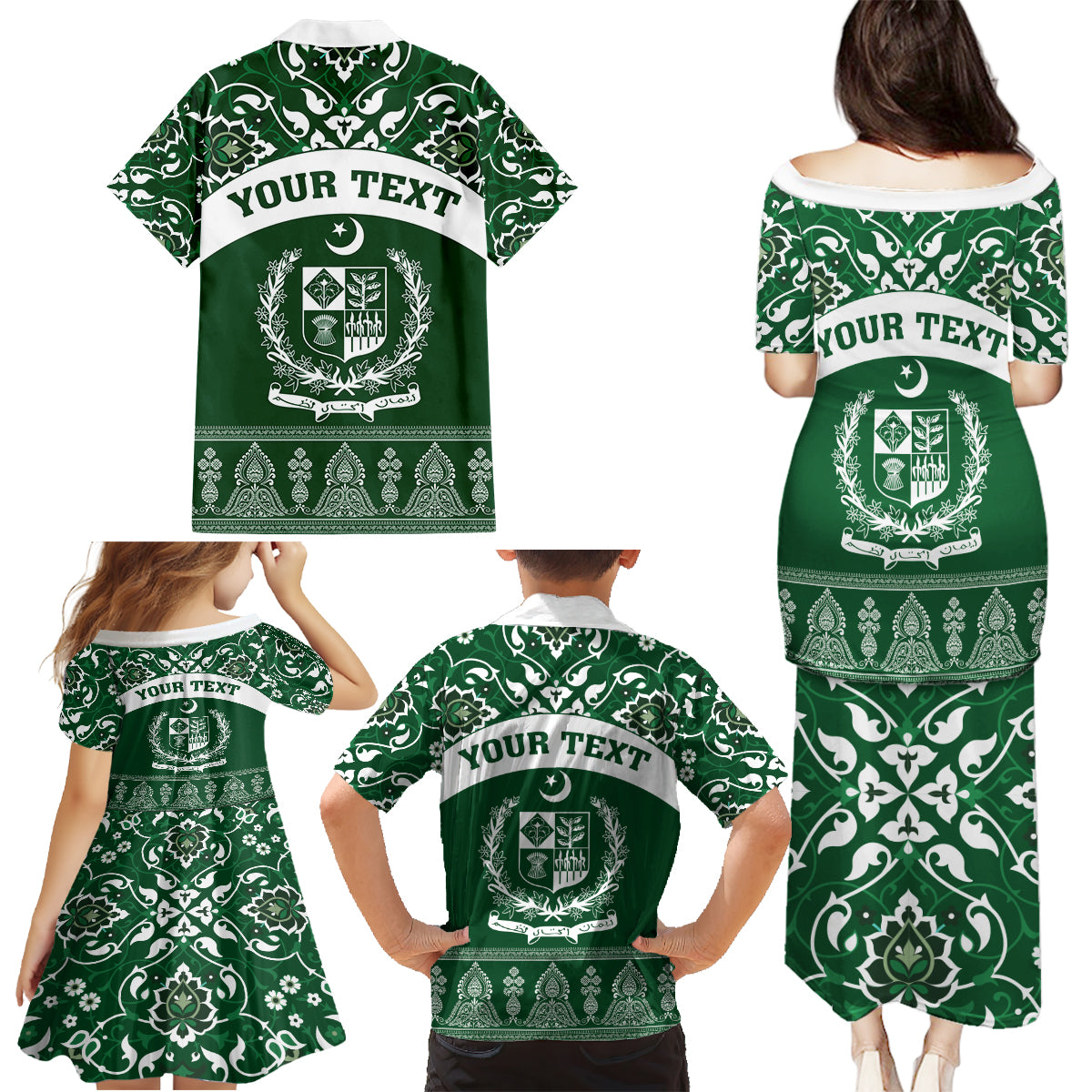 Pakistan Day Family Matching Puletasi and Hawaiian Shirt Coat Of Arms Mix Islamic Pattern - Wonder Print Shop