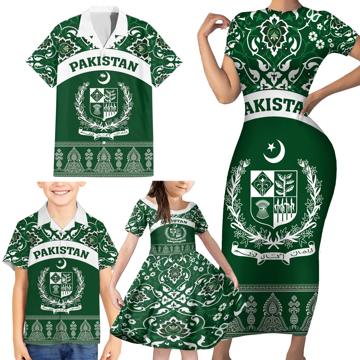 Pakistan Day Family Matching Short Sleeve Bodycon Dress and Hawaiian Shirt Coat Of Arms Mix Islamic Pattern - Wonder Print Shop