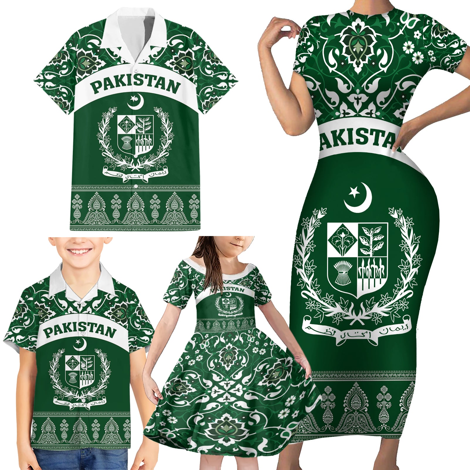 Pakistan Day Family Matching Short Sleeve Bodycon Dress and Hawaiian Shirt Coat Of Arms Mix Islamic Pattern - Wonder Print Shop
