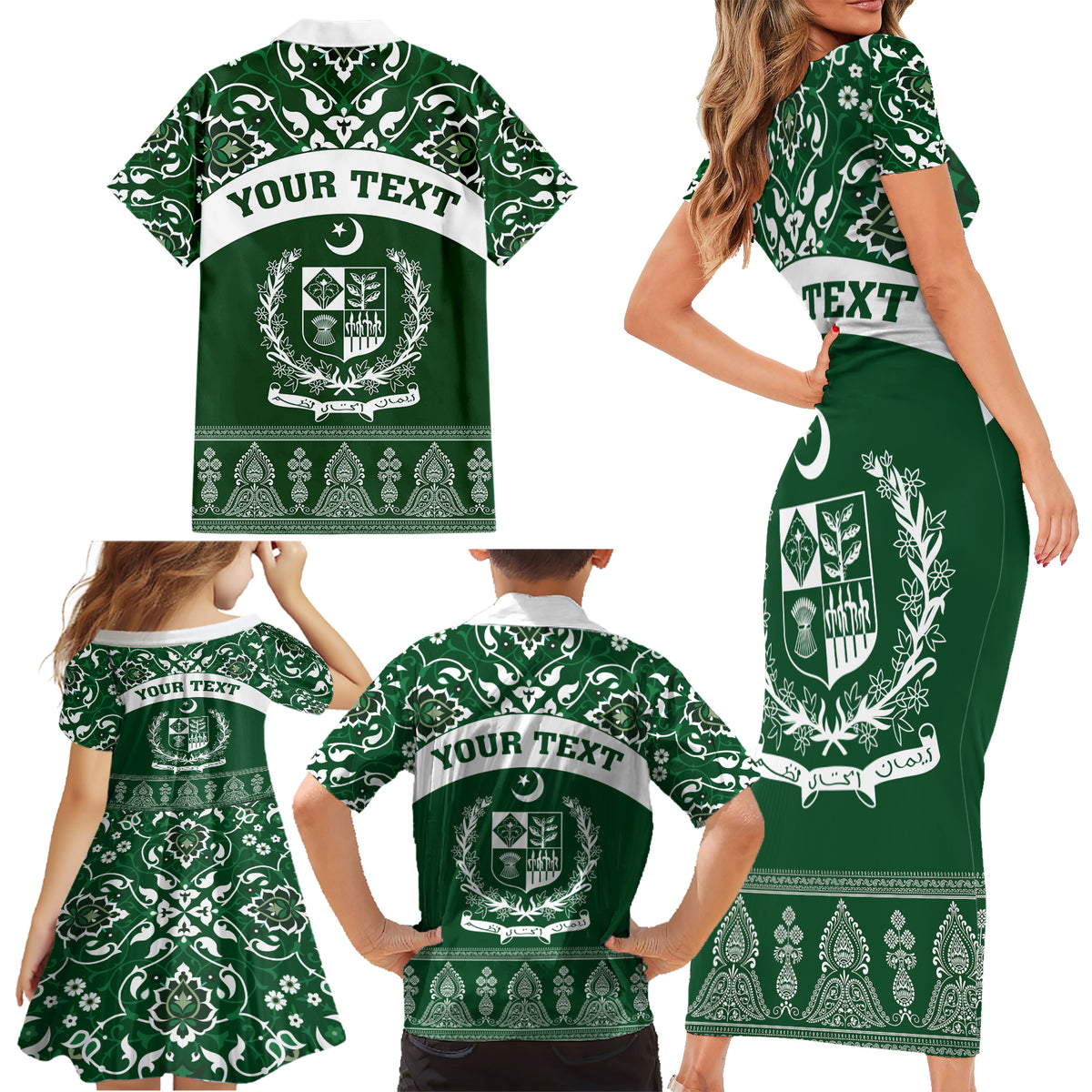 Pakistan Day Family Matching Short Sleeve Bodycon Dress and Hawaiian Shirt Coat Of Arms Mix Islamic Pattern - Wonder Print Shop