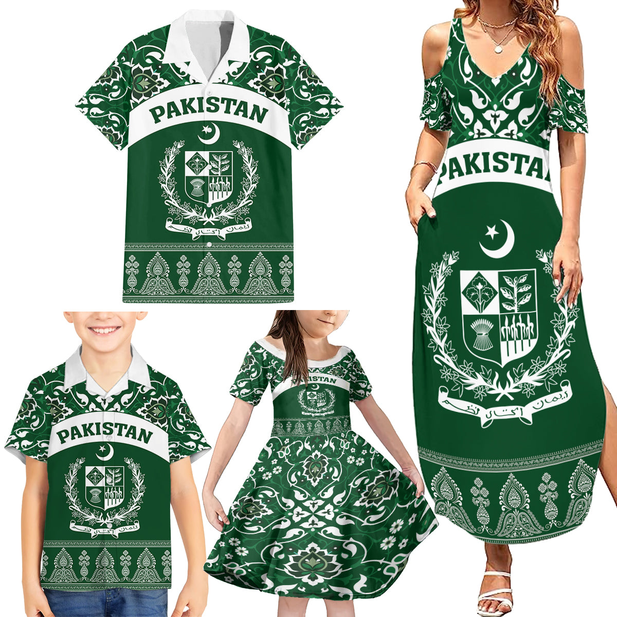 Pakistan Day Family Matching Summer Maxi Dress and Hawaiian Shirt Coat Of Arms Mix Islamic Pattern - Wonder Print Shop