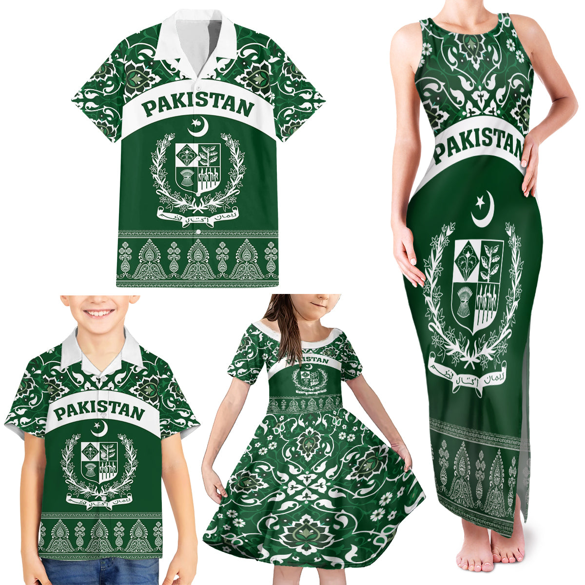 Pakistan Day Family Matching Tank Maxi Dress and Hawaiian Shirt Coat Of Arms Mix Islamic Pattern - Wonder Print Shop