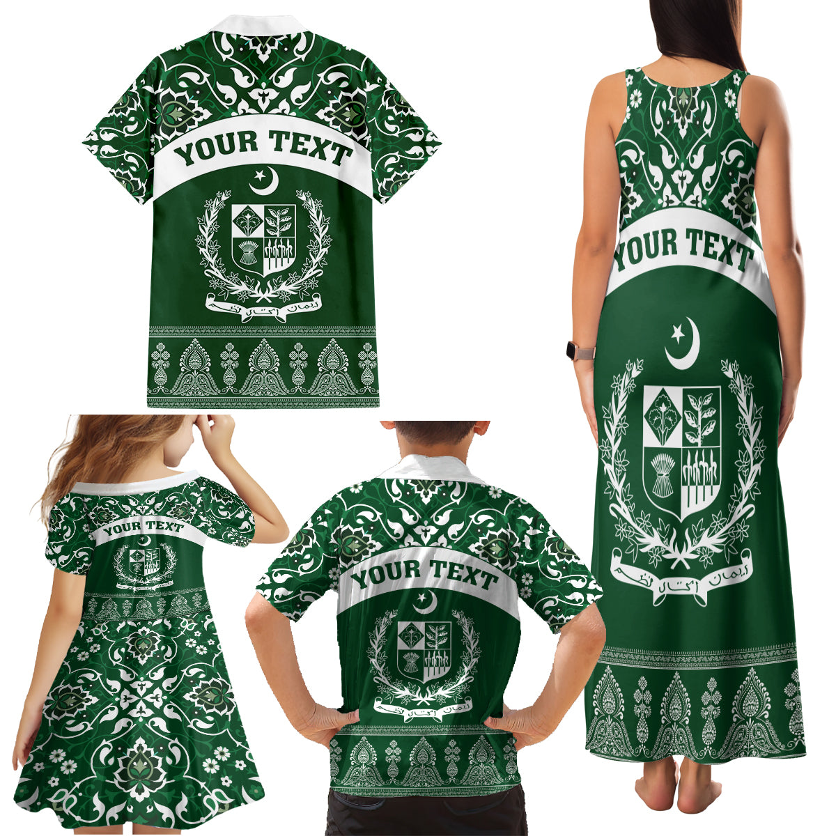 Pakistan Day Family Matching Tank Maxi Dress and Hawaiian Shirt Coat Of Arms Mix Islamic Pattern - Wonder Print Shop
