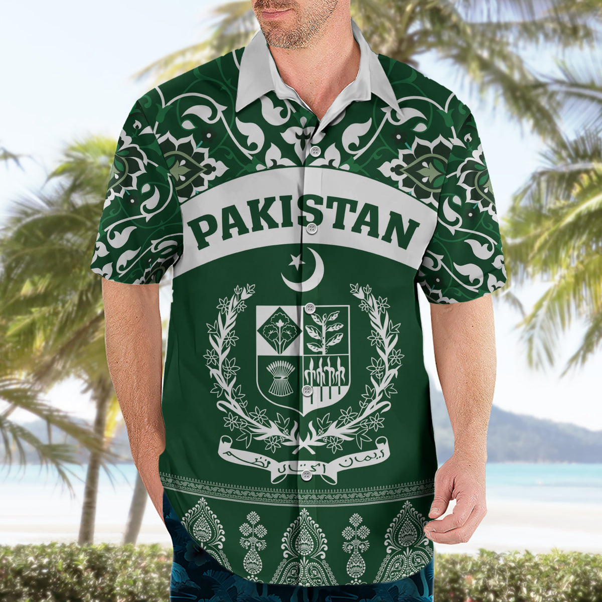 Pakistan Day Hawaiian Shirt Coat Of Arms Mix Islamic Pattern - Wonder Print Shop