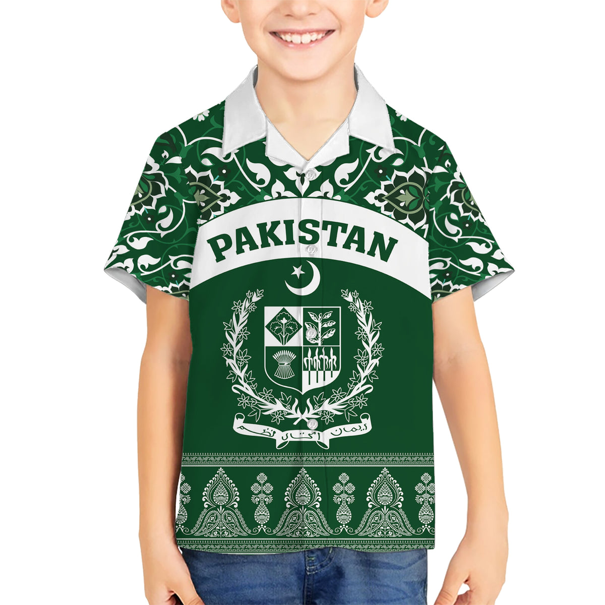 Pakistan Day Hawaiian Shirt Coat Of Arms Mix Islamic Pattern - Wonder Print Shop