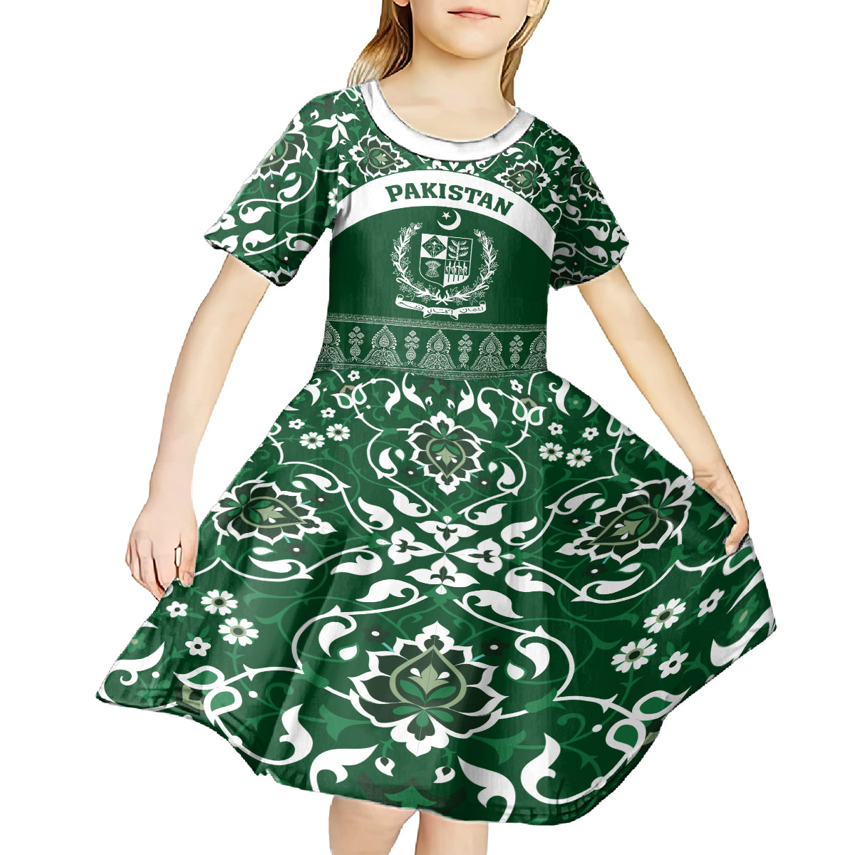 Pakistan Day Kid Short Sleeve Dress Coat Of Arms Mix Islamic Pattern - Wonder Print Shop