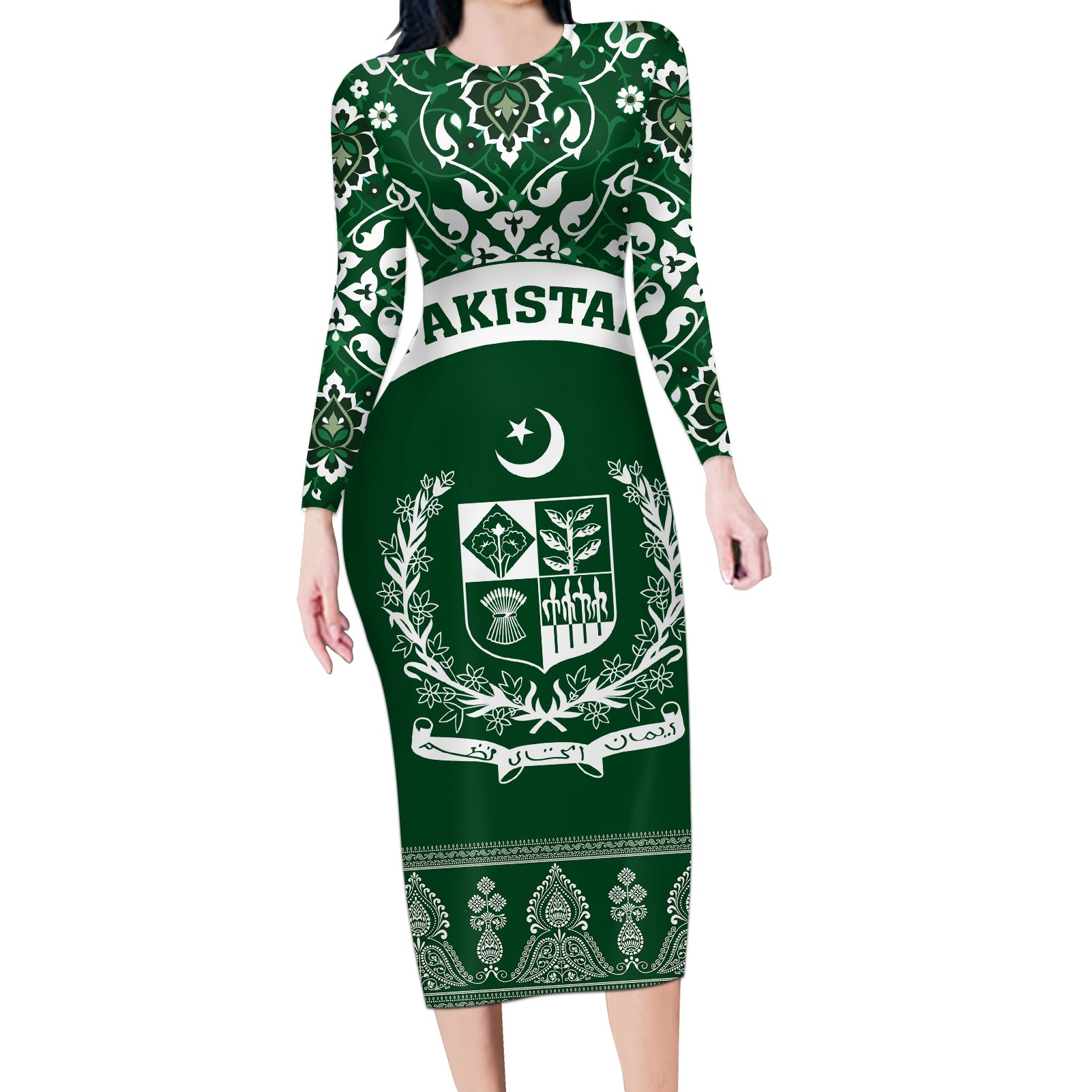 Pakistan Day Long Sleeve Bodycon Dress Coat Of Arms Mix Islamic Pattern - Wonder Print Shop