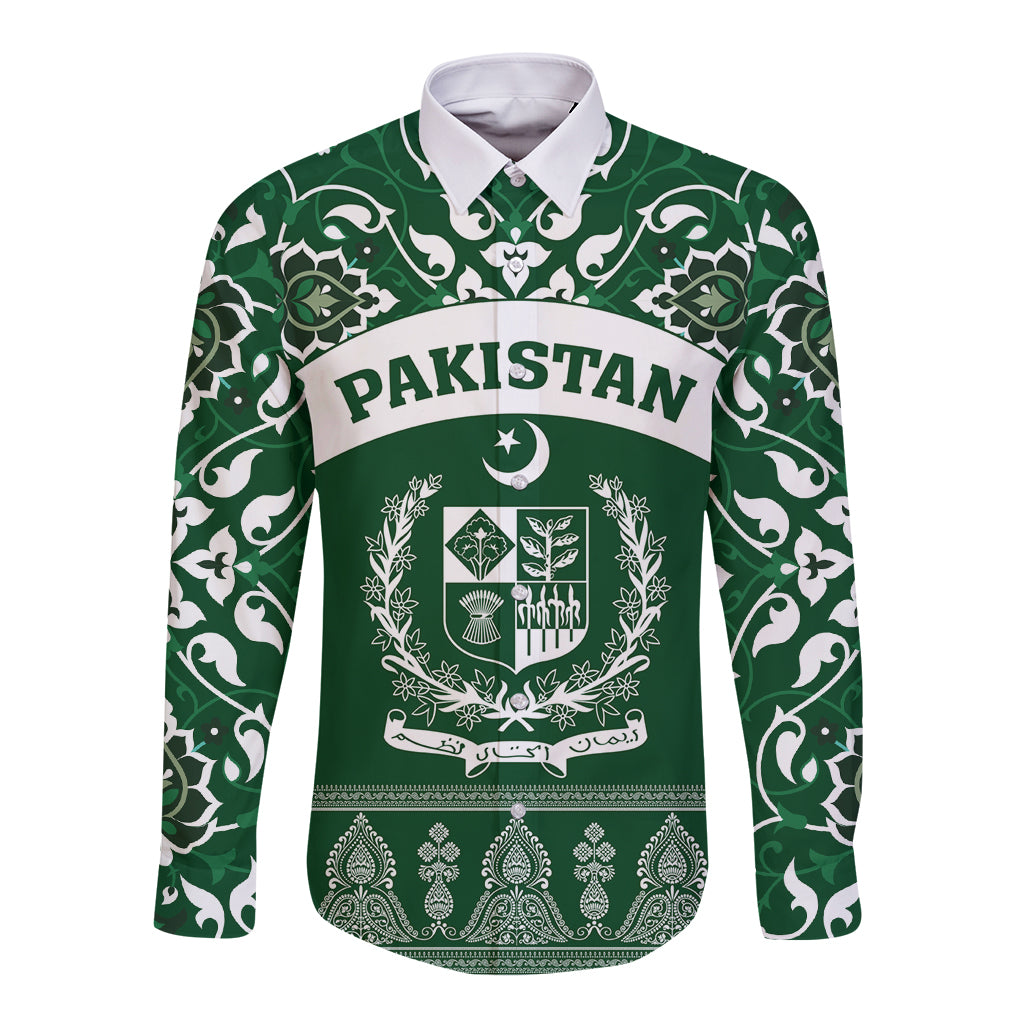 Pakistan Day Long Sleeve Button Shirt Coat Of Arms Mix Islamic Pattern - Wonder Print Shop