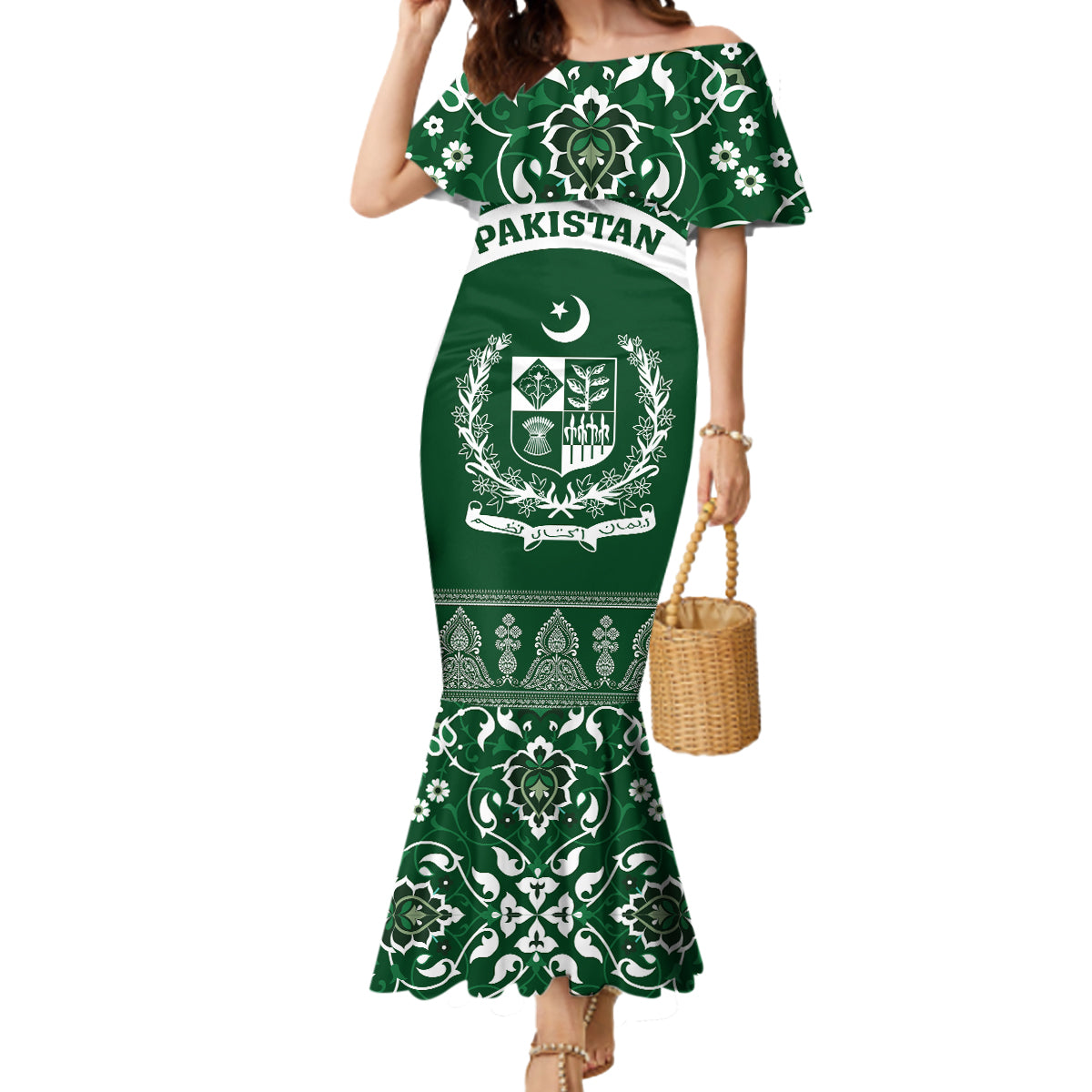 Pakistan Day Mermaid Dress Coat Of Arms Mix Islamic Pattern - Wonder Print Shop