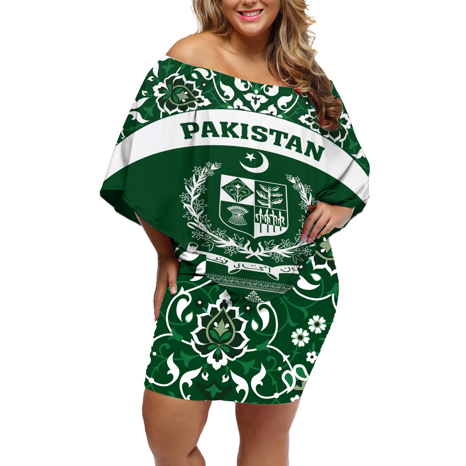 Pakistan Day Off Shoulder Short Dress Coat Of Arms Mix Islamic Pattern - Wonder Print Shop