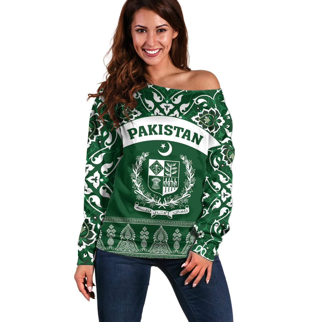 Pakistan Day Off Shoulder Sweater Coat Of Arms Mix Islamic Pattern - Wonder Print Shop