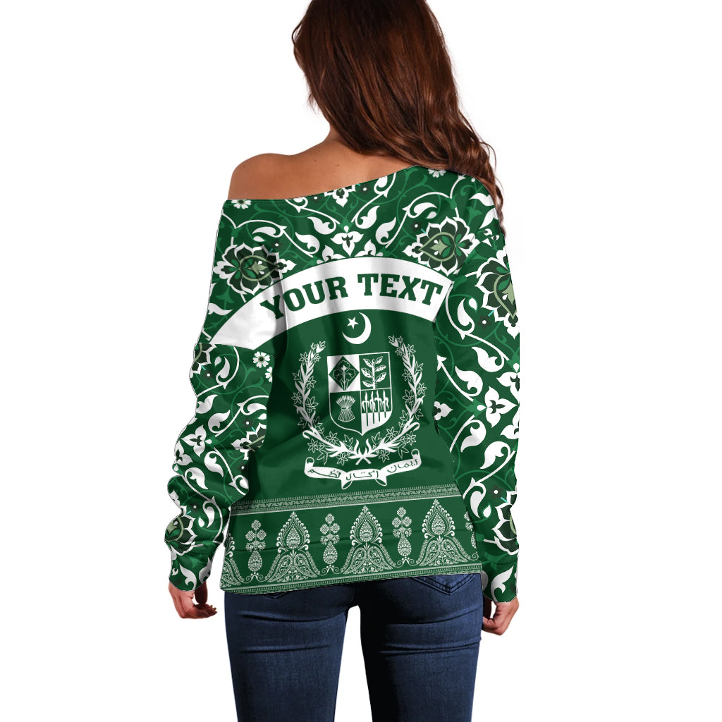 Pakistan Day Off Shoulder Sweater Coat Of Arms Mix Islamic Pattern - Wonder Print Shop