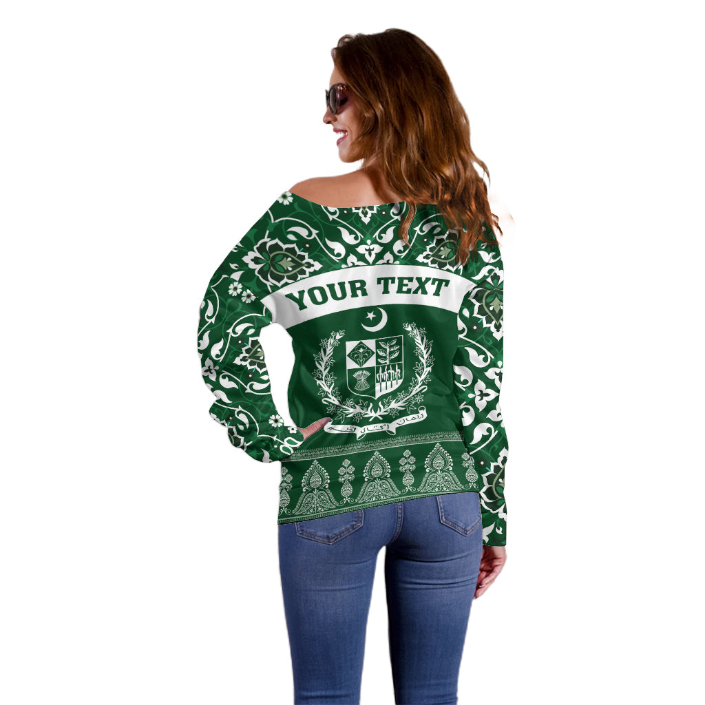 Pakistan Day Off Shoulder Sweater Coat Of Arms Mix Islamic Pattern - Wonder Print Shop