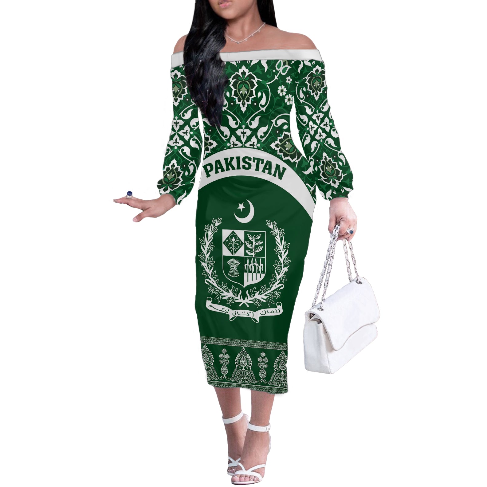 Pakistan Day Off The Shoulder Long Sleeve Dress Coat Of Arms Mix Islamic Pattern - Wonder Print Shop