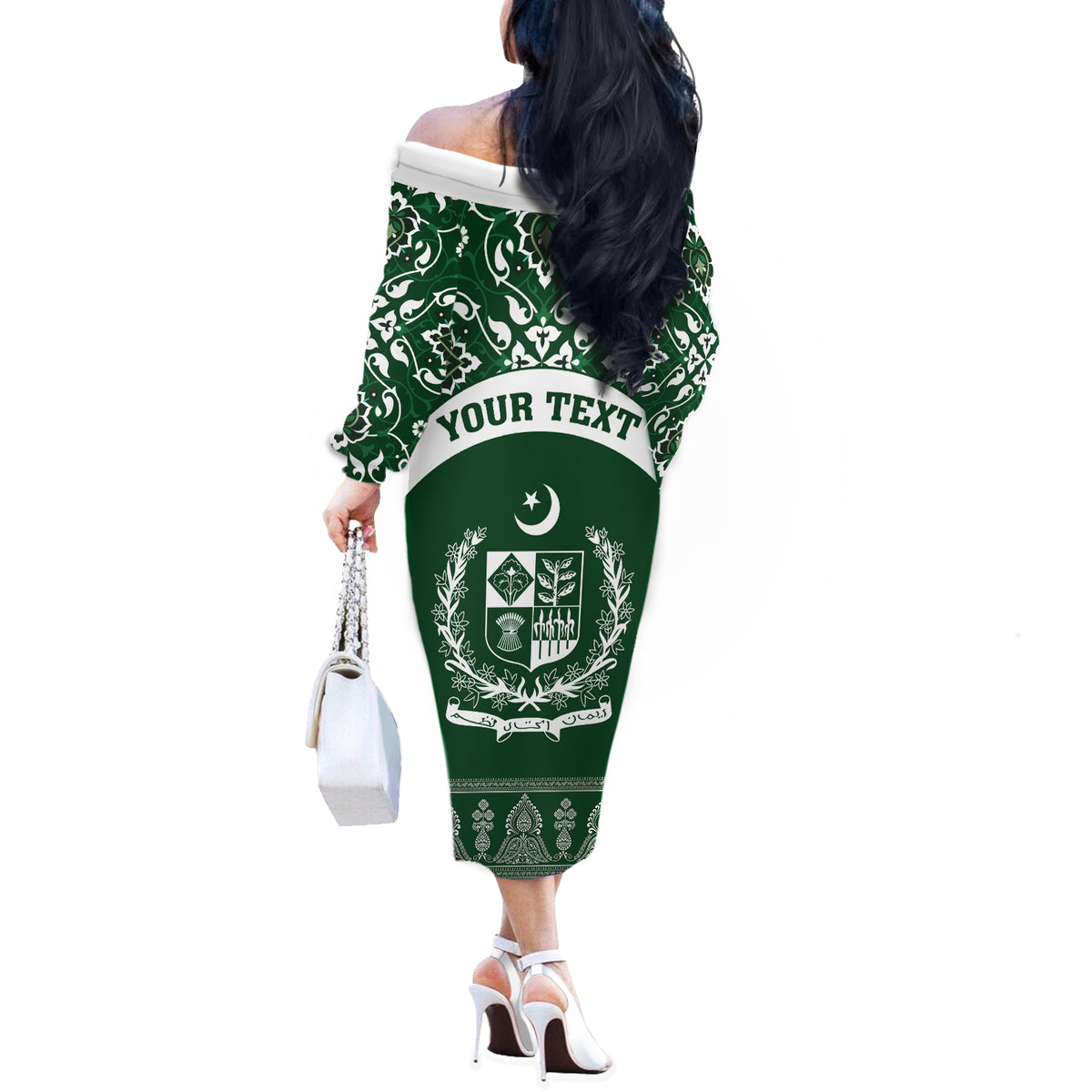 Pakistan Day Off The Shoulder Long Sleeve Dress Coat Of Arms Mix Islamic Pattern - Wonder Print Shop