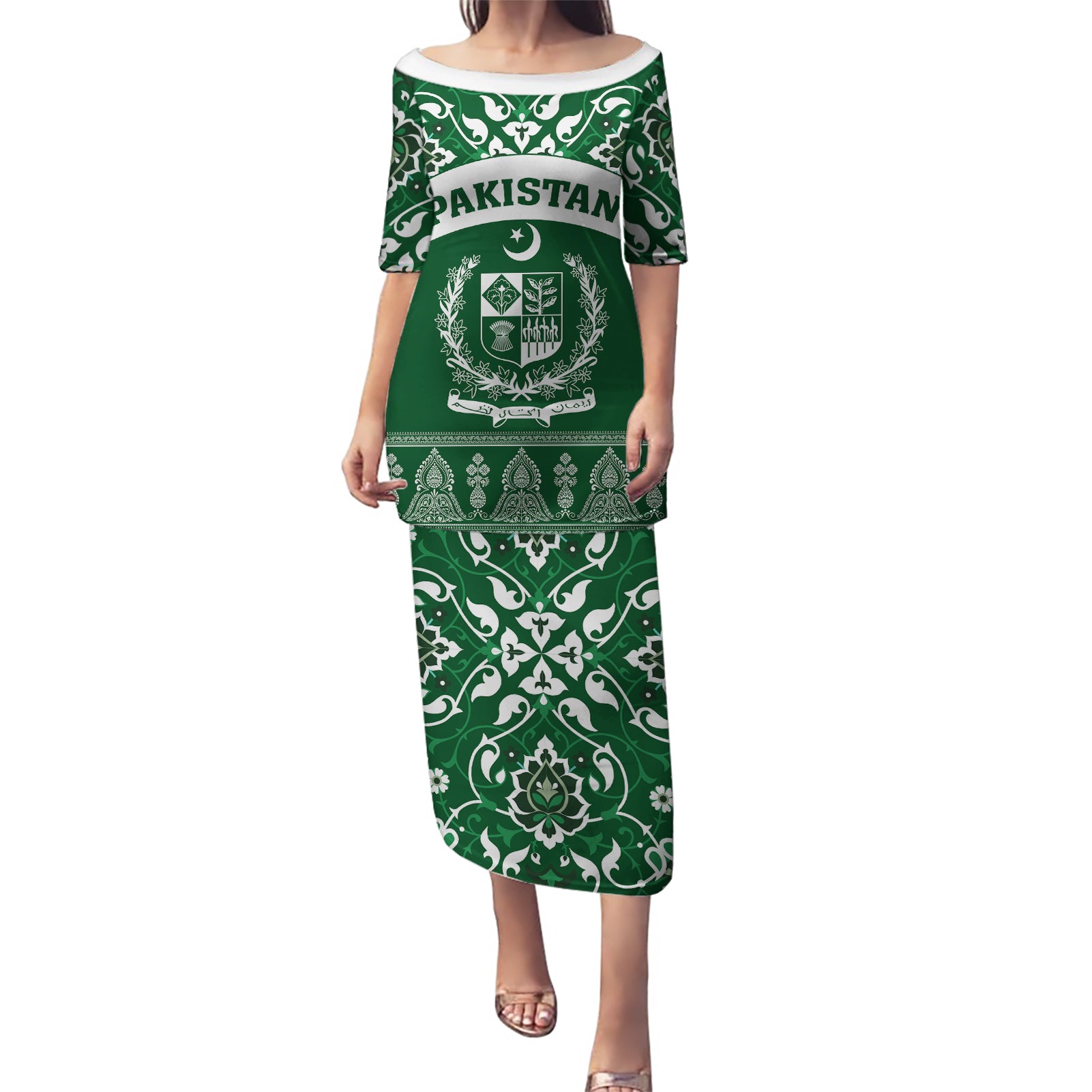 Pakistan Day Puletasi Coat Of Arms Mix Islamic Pattern - Wonder Print Shop