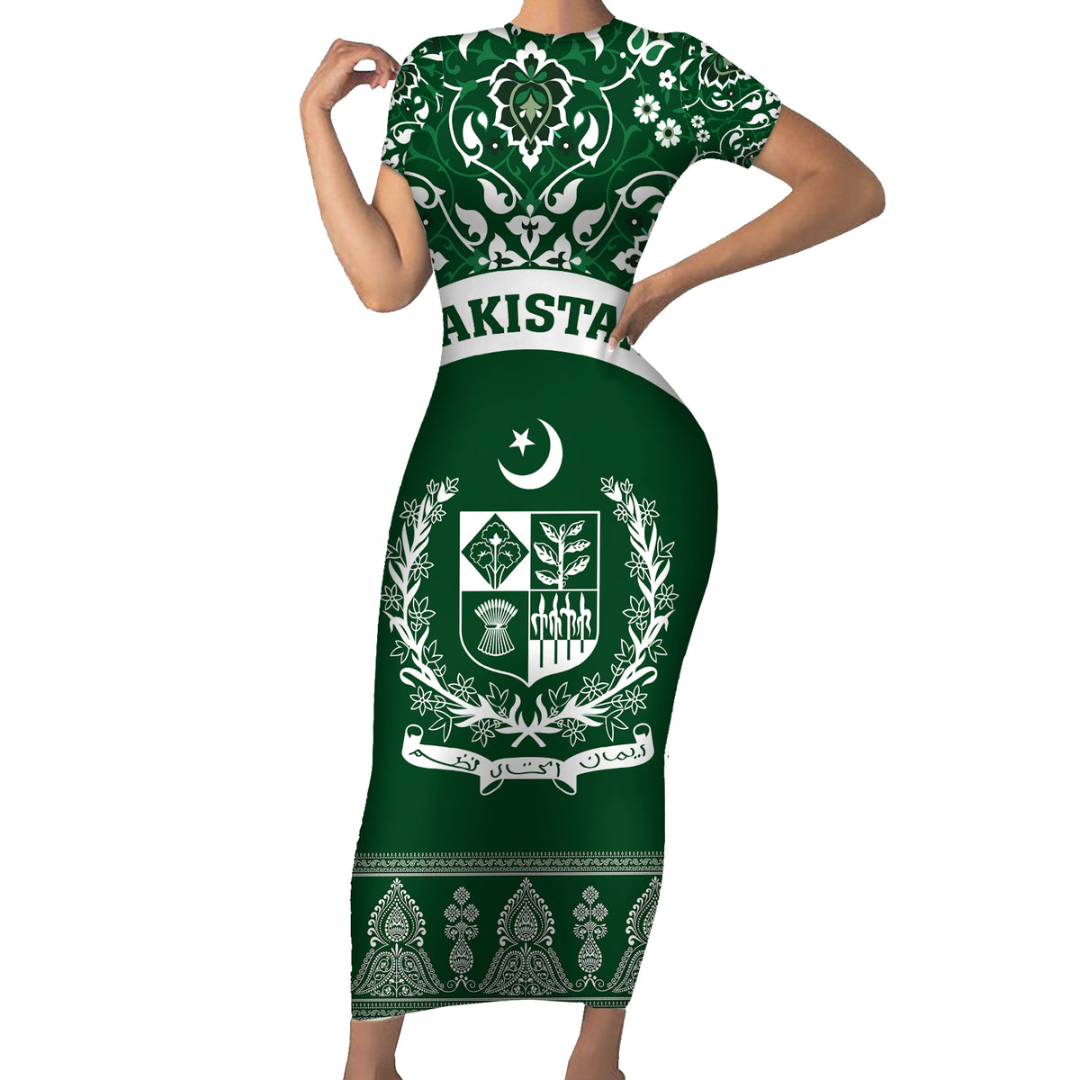 Pakistan Day Short Sleeve Bodycon Dress Coat Of Arms Mix Islamic Pattern - Wonder Print Shop