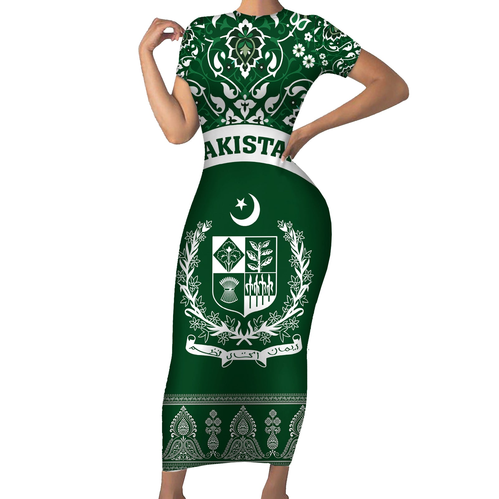 Pakistan Day Short Sleeve Bodycon Dress Coat Of Arms Mix Islamic Pattern - Wonder Print Shop
