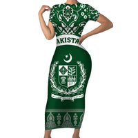 Pakistan Day Short Sleeve Bodycon Dress Coat Of Arms Mix Islamic Pattern - Wonder Print Shop