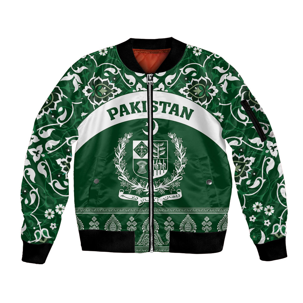 Pakistan Day Sleeve Zip Bomber Jacket Coat Of Arms Mix Islamic Pattern - Wonder Print Shop