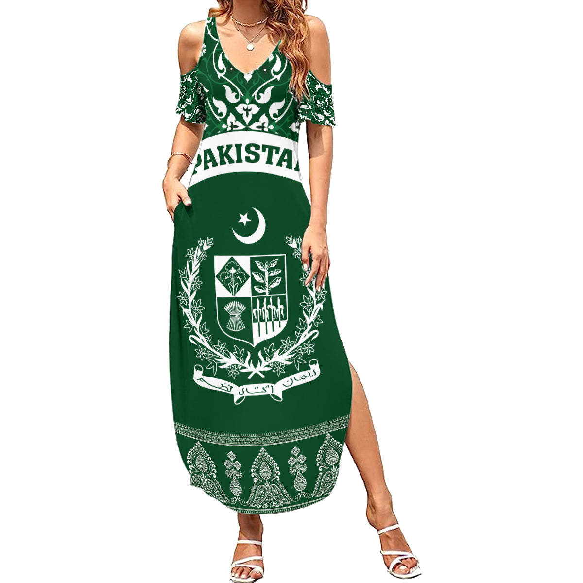 Pakistan Day Summer Maxi Dress Coat Of Arms Mix Islamic Pattern - Wonder Print Shop