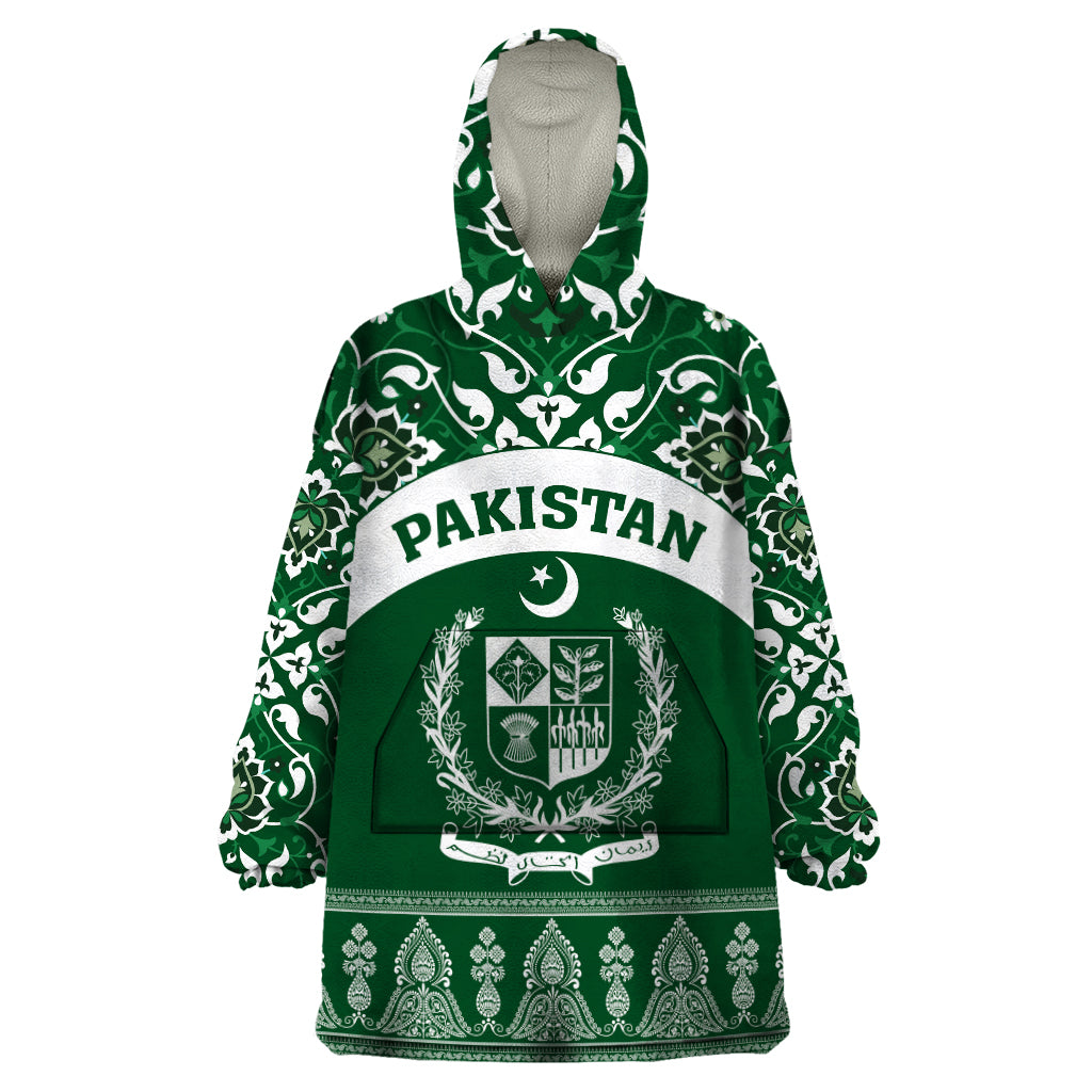 Pakistan Day Wearable Blanket Hoodie Coat Of Arms Mix Islamic Pattern - Wonder Print Shop