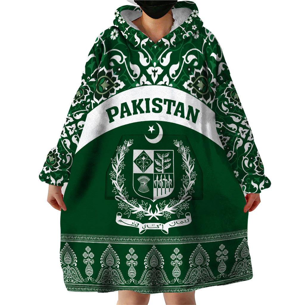 Pakistan Day Wearable Blanket Hoodie Coat Of Arms Mix Islamic Pattern - Wonder Print Shop